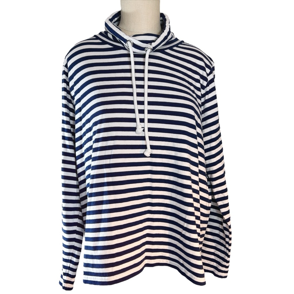 J. Crew Navy and White Striped Funnel Neck Long Sleeve Knit Shirt Size‎ XL EUC